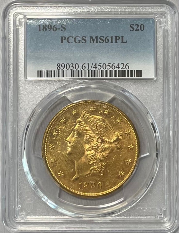 【資産防衛】アンティークコイン アメリカ 20ドルプルーフ金貨 リバティヘッド1896-S $20 PCGS-MS61PL