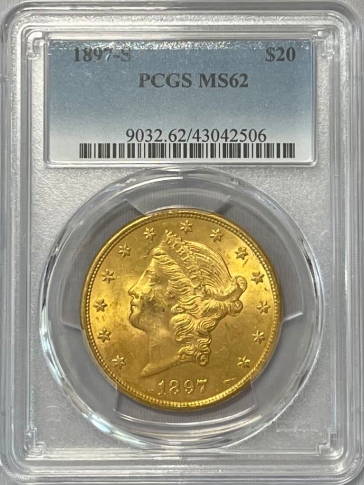 【資産防衛】アンティークコイン アメリカ 20ドル金貨 リバティヘッド1897-S $20 PCGS-MS62