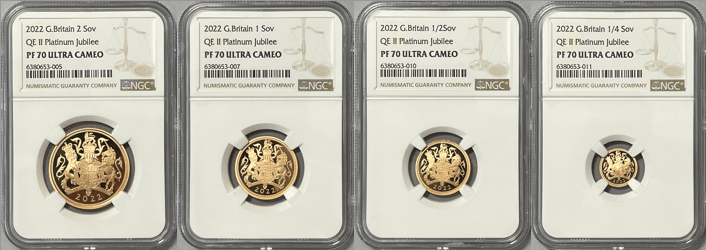 【動画あり】グレートブリテン2022年エリザベス2世在位70周年記念プラチナ・ジュビリーソブリン金貨プルーフ4枚セットNGC-PF70UCAM箱付き