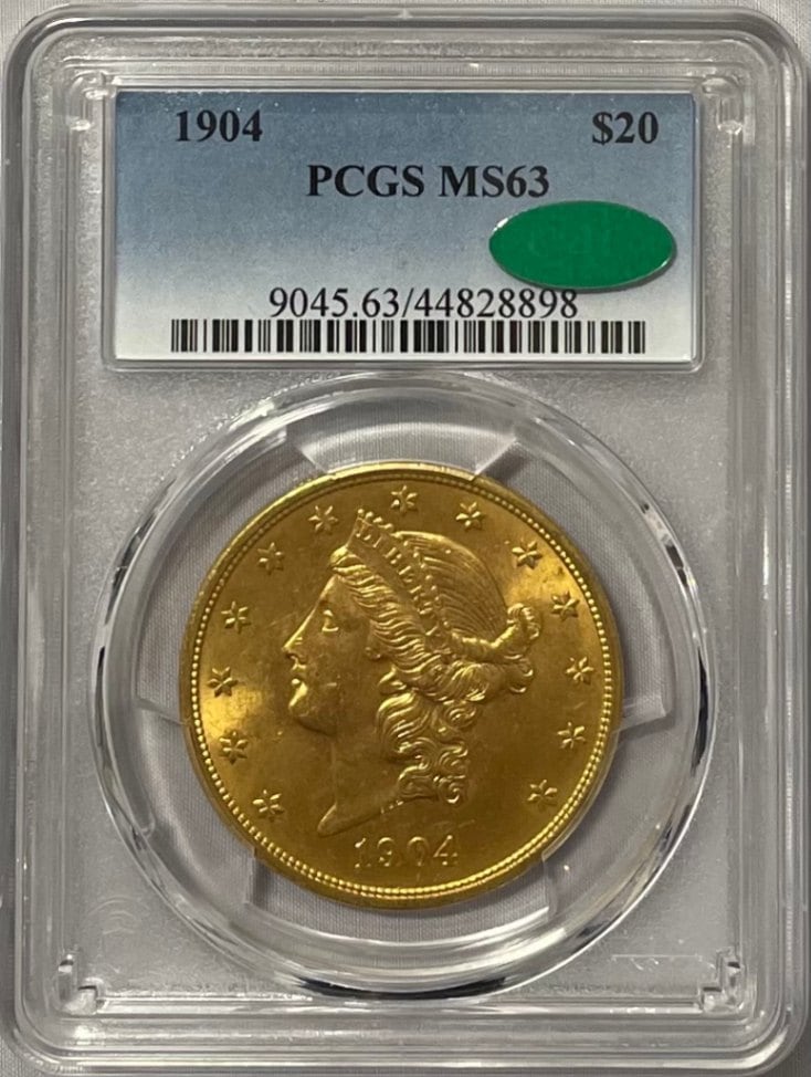 【資産防衛】アンティークコイン アメリカ 20ドル金貨 リバティヘッド1904 $20 PCGS-MS63 CAC