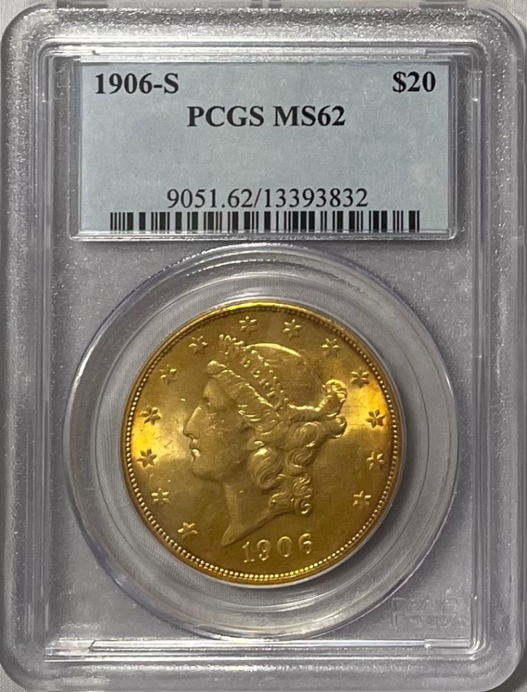 【資産防衛】アンティークコイン アメリカ 20ドル金貨 リバティヘッド1906-S $20 PCGS-MS62