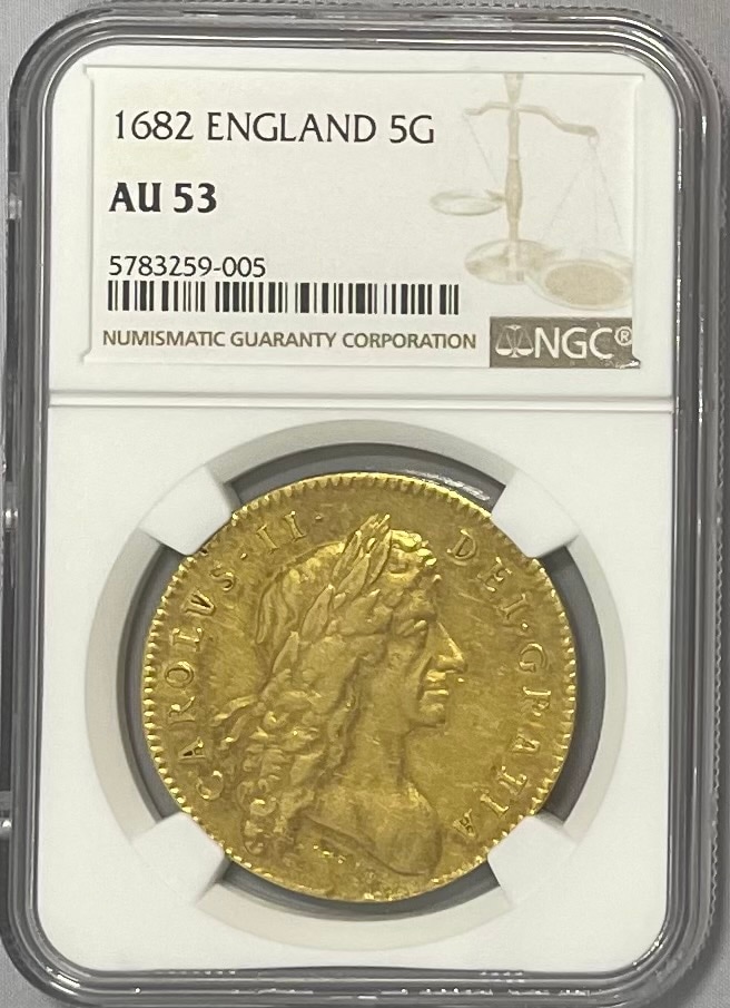 動画あり】グレートブリテン 1682年 チャールズ2世 5ギニー金貨 NGC