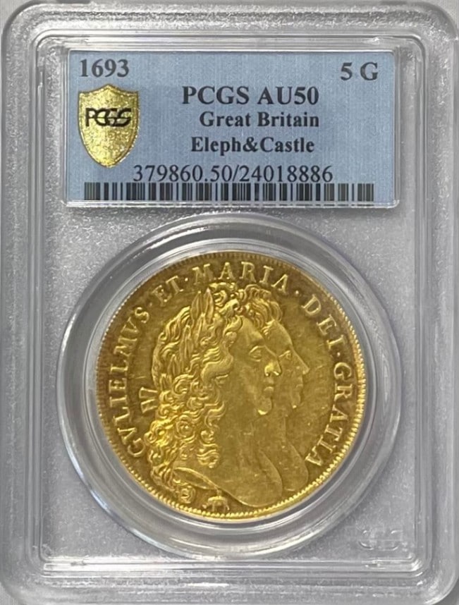 【動画あり】【レア度3-R3】グレートブリテン 1693年 ウイリアム3世＆メアリー2世 5ギニー金貨 エレファント＆キャッスル PCGS-AU50