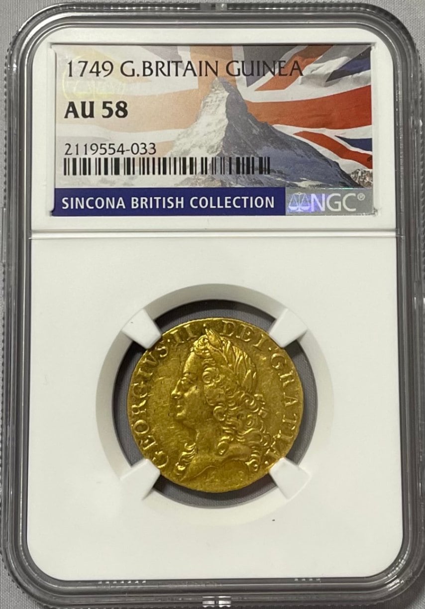 【動画あり】【レア度2-R2】グレートブリテン 1749年 ジョージ2世 1ギニー金貨 NGC-AU58