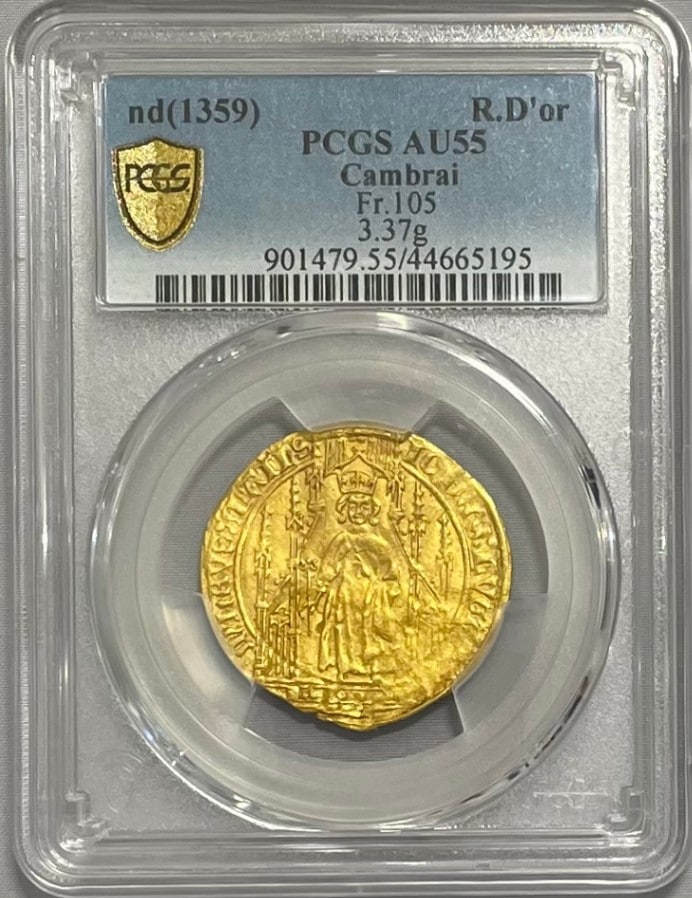 【レア度5-R5】アンティークコイン フランス カンブレー 1357年 ピエール4世 ロイヤルドール PCGS-AU55