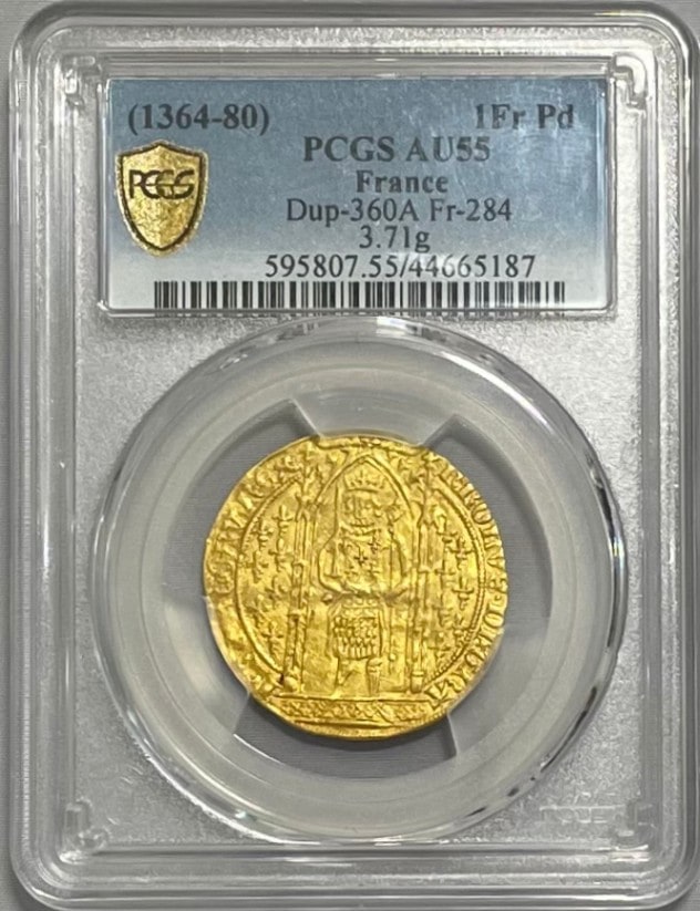 フランス 1364-80年 シャルル5世 1フランカ・ピエ金貨 PCGS-AU55