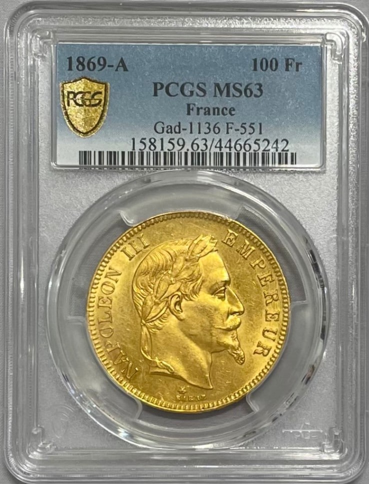 【動画あり】フランス 1869年 ナポレオン3世 100フラン金貨 1869-A PCGS-MS63