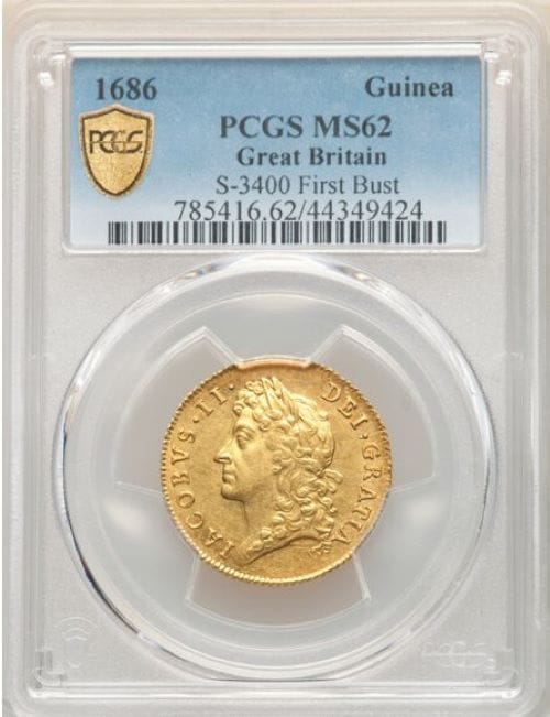 【動画あり】グレートブリテン 1686年 ジェームズ2世 1ギニー金貨 PCGS-MS62