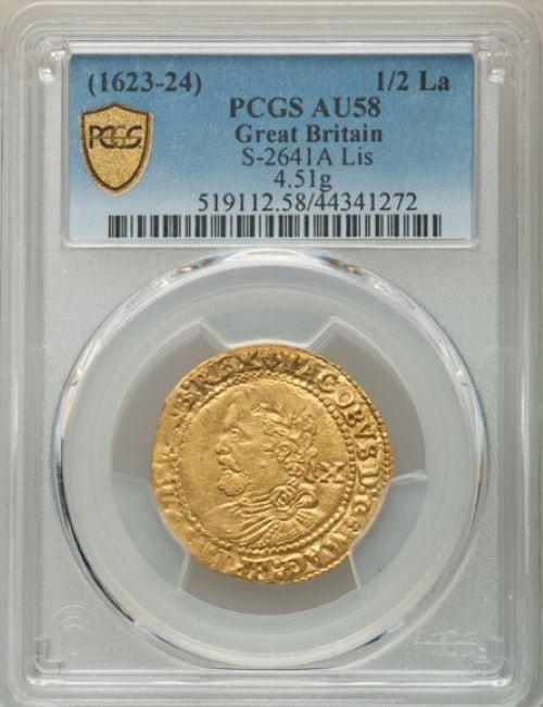 グレートブリテン ジェームズ1世 ゴールドハーフローレル ND (1623-1624) PCGS-AU58