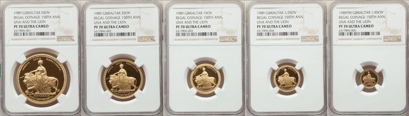 【動画あり】英国領ジブラルタル 1989年 エリザベス2世 「ウナとライオン」PF70UCAM 5枚セット