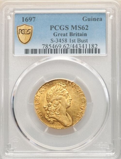 【レア度1-R1】グレートブリテン 1697年 ウイリアム3世 1ギニー金貨 PCGS-MS62