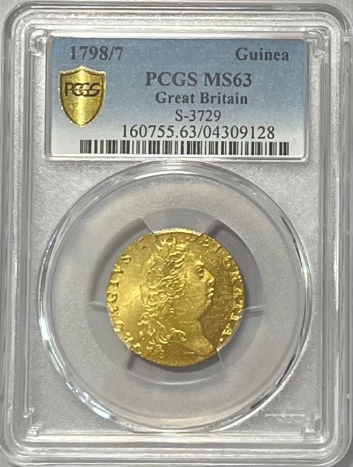 【レア度1-R1】グレートブリテン 1798/7年 ジョージ3世 1ギニー金貨 PCGS-MS63
