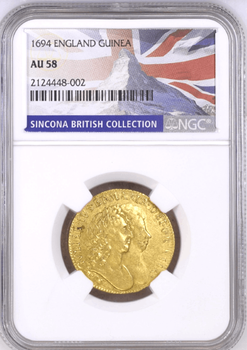 【動画あり】グレートブリテン 1694年 ウイリアム3世＆メアリー2世 1ギニー金貨 NGC-AU58