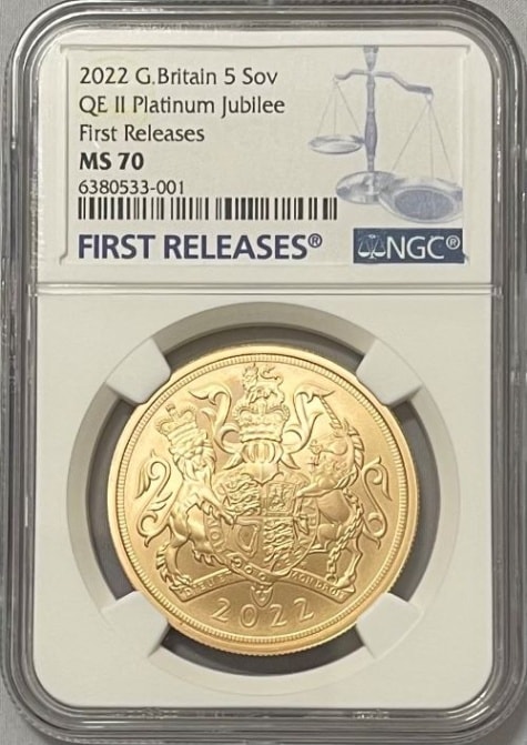 グレートブリテン 2022年 エリザベス2世 在位70周年記念 プラチナ・ジュビリー 5ソブリン金貨 NGC-MS70 ファーストリリース 箱付き