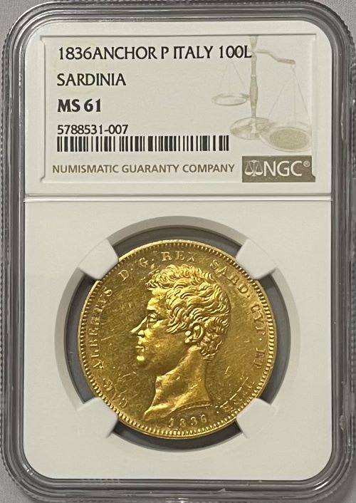 イタリア 1836年 サルディーニャ王 カルロ・アルベルト 100リラ金貨 アンカー NGC-MS61