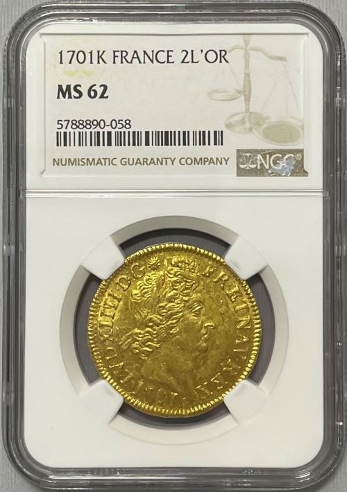 【レア度3-R3】フランス 1701-K年 ルイ14世 2ルイドール金貨 NGC-MS62