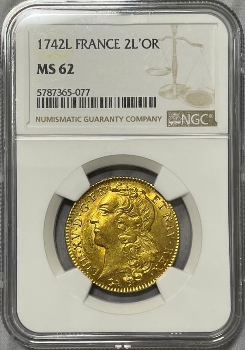 【レア度2-R2】フランス 1742-L年 ルイ15世 2ルイドール金貨 NGC-MS62