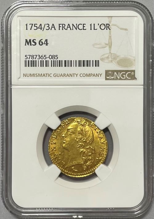 【レア度2-R2】フランス 1754/3-A年 ルイ15世 ルイドール金貨 NGC-MS64
