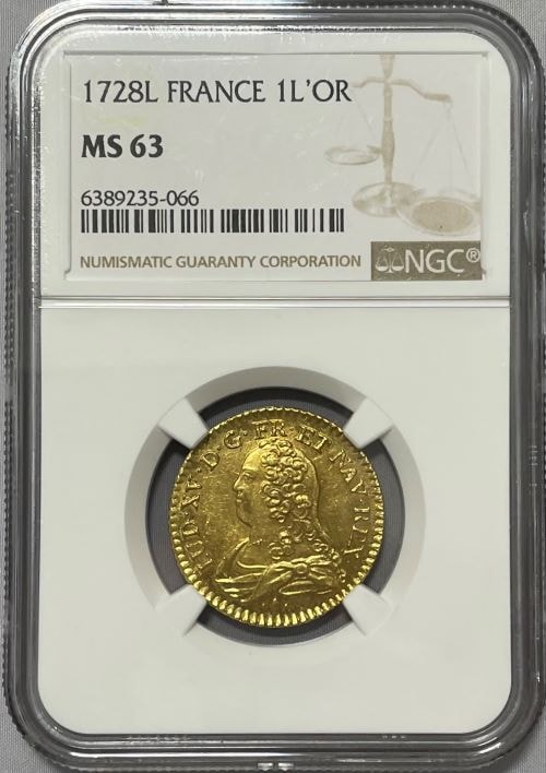 【レア度2-R2】フランス 1728-L年 ルイ15世 ルイドール金貨 NGC-MS63
