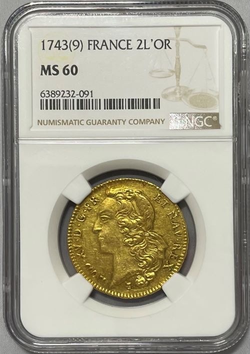 【動画あり】【レア度2-R2】フランス 1743-9年 ルイ15世 2ルイドール金貨 NGC-MS60