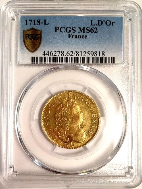 【レア度3-R3】フランス 1718-L年 ルイ15世 ルイドール金貨 PCGS-MS62