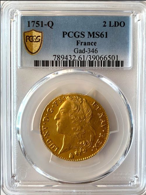 【レア度3-R3】フランス 1751-Q年 ルイ15世 2ルイドール金貨 PCGS-MS61