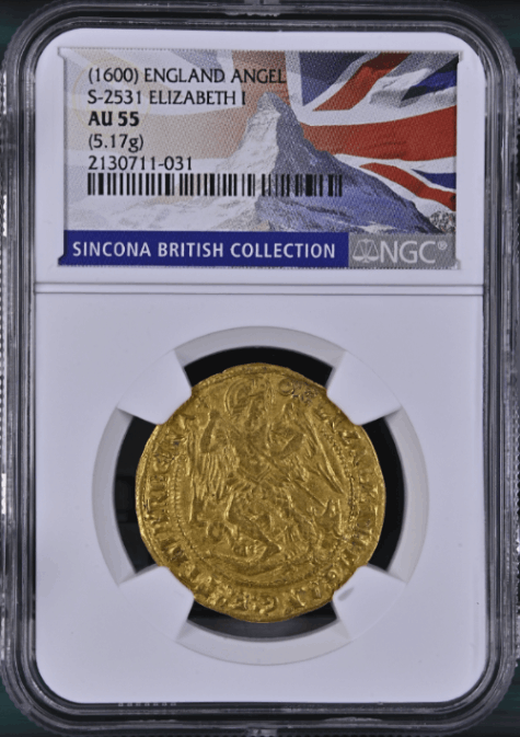 【動画あり】グレートブリテン1600年 エリザベス１世 エンジェル金貨 NGC-AU55