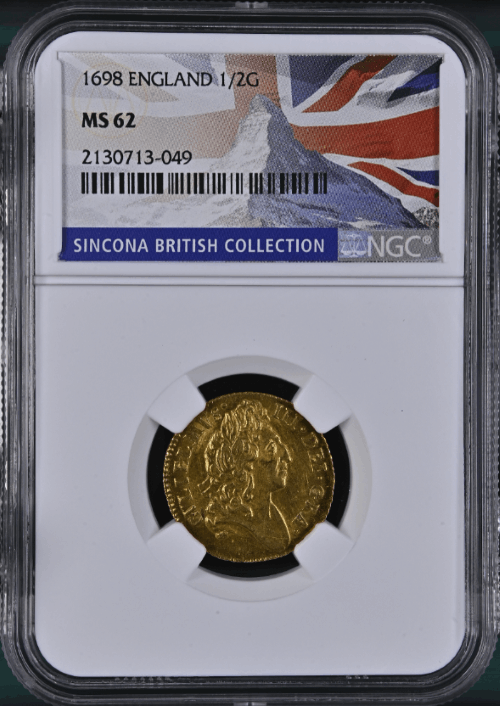 【動画あり】グレートブリテン 1698年 ウイリアム3世 1/2ギニー金貨 NGC-MS62