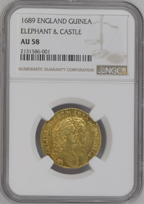 【レア度1-R1】グレートブリテン 1689年 ウイリアム3世＆メアリー2世 1ギニー金貨 エレファント＆キャッスル NGC-AU58