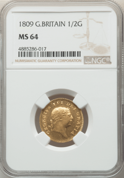 グレートブリテン 1809年 ジョージ3世 1/2ギニー金貨 NGC-MS64