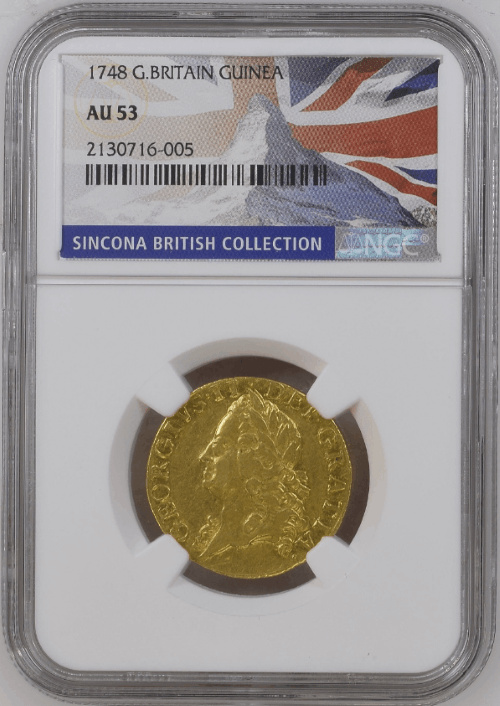 【レア度1-R1】グレートブリテン 1748年 ジョージ2世 1ギニー金貨 NGC-AU53