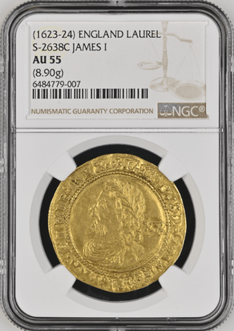 【動画あり】グレートブリテン ジェームズ1世 ゴールドローレルND (1623-24) NGC-AU55 Augustana Collection