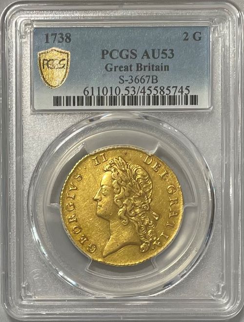 グレートブリテン 1738年 ジョージ2世 2ギニー金貨 PCGS-AU53 Augustana Collection