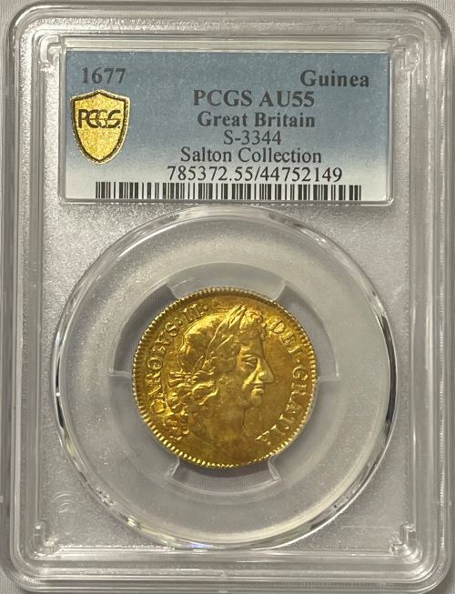 【レア度4-R4】グレートブリテン 1677年 チャールズ2世 1ギニー金貨 PCGS-AU55 Mark and Lottie Salton Collection