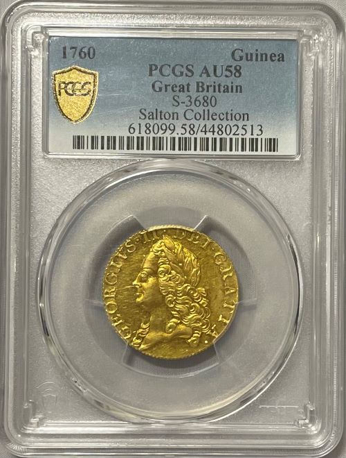 【レア度2-R2】グレートブリテン 1760年 ジョージ2世 1ギニー金貨 PCGS-AU58 Mark and Lottie Salton Collection