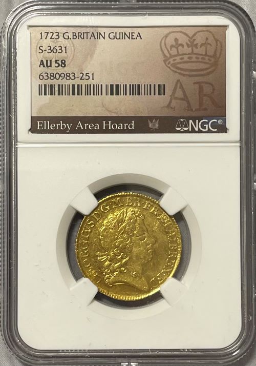 【動画あり】【レア度2-R2】グレートブリテン 1723年 ジョージ1世 1ギニー金貨 NGC-AU58 Ellerby Area Hoard Collection