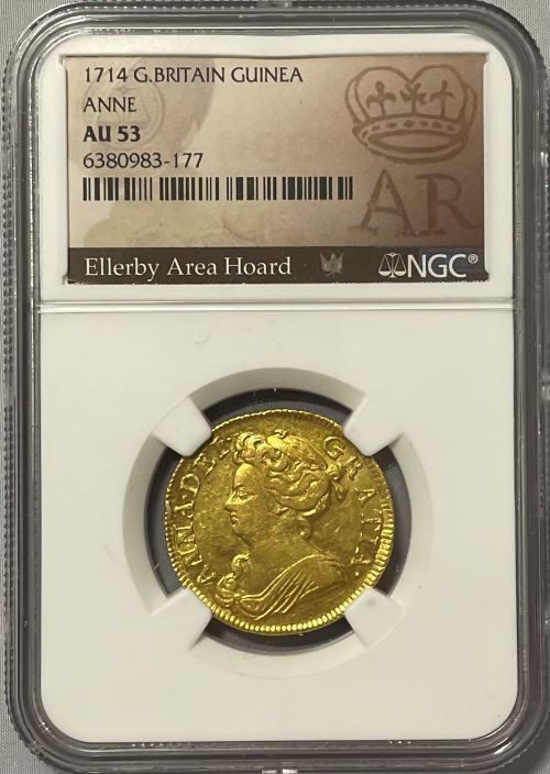 グレートブリテン 1714年 アン女王 1ギニー金貨 NGC-AU53 Ellerby Area Hoard Collection