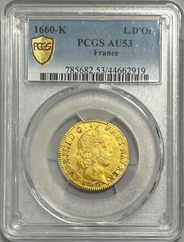 【レア度5-R5】フランス 1660-K年 ルイ14世 1ルイドール金貨 PCGS-AU53