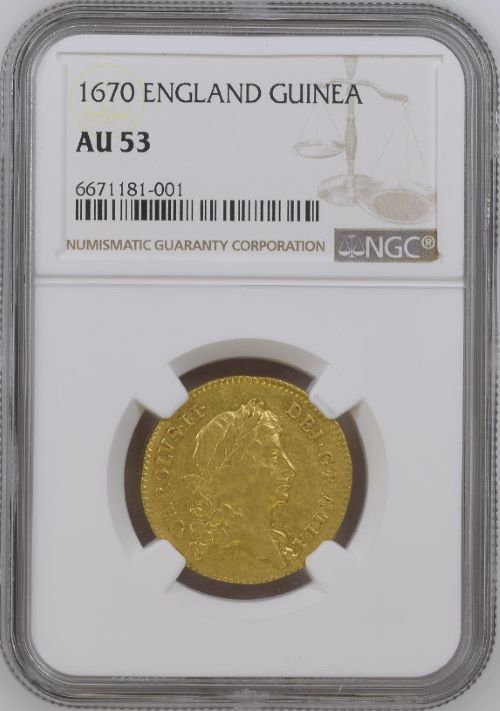 【動画あり】グレートブリテン 1670年 チャールズ2世 1ギニー金貨 NGC-AU53