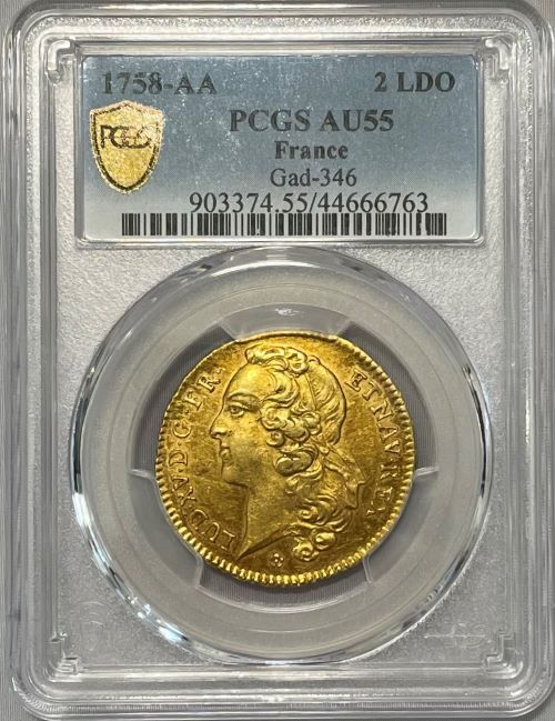 【レア度4-R4】フランス 1758-AA年 ルイ15世 ルイドール金貨 PCGS-AU55