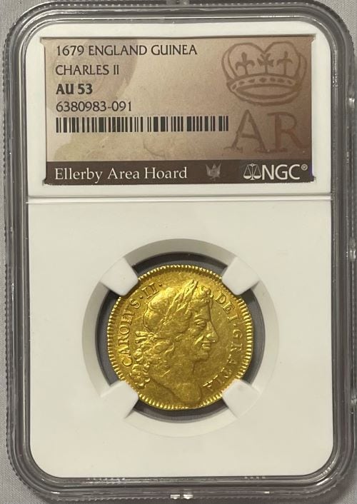 【レア度2-R2】グレートブリテン 1679年 チャールズ2世 1ギニー金貨 NGC-AU53 Ellerby Area Hoard Collection