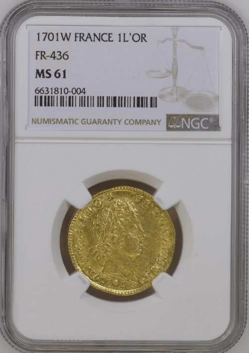 【レア度1-R1】フランス 1701-W年 ルイ14世 1ルイドール金貨 NGC-MS61