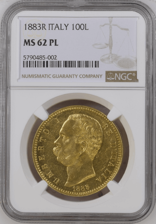 イタリア 1883-R年 ウンベルト1世 100リラ金貨 PCGS-MS62PL