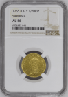 【レア度2-R2】イタリア サルデーニャ王国 1755年 カルロ・エマヌエーレ3世 1/2ドッピア金貨 NGC-AU58