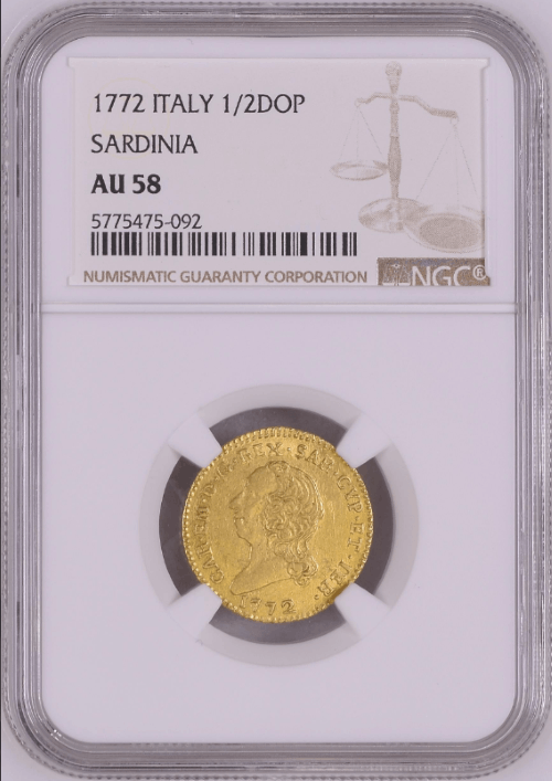 【レア度7-R7】イタリア サルデーニャ王国 1772年 カルロ・エマヌエーレ3世 1/2ドッピア金貨 NGC-AU58