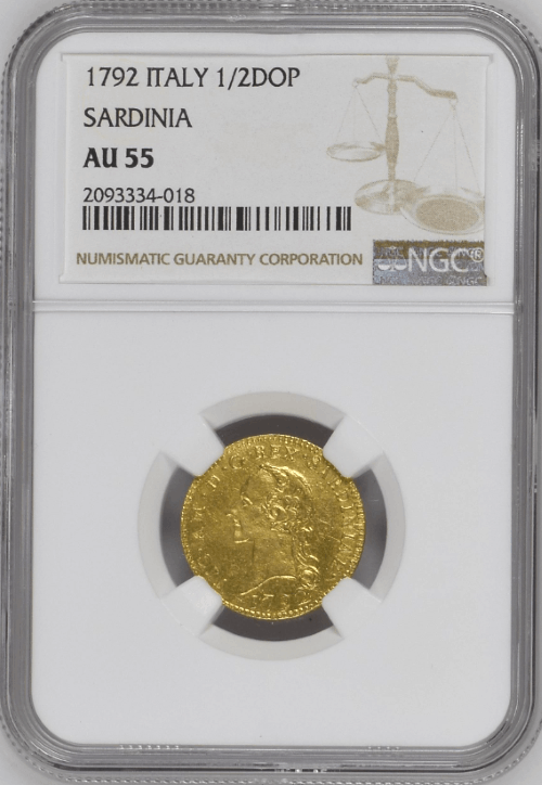 【レア度4-R4】イタリア サルデーニャ王国 1792年 ヴィットーリオ・アメデーオ3世 1/2ドッピア金貨 NGC-AU55