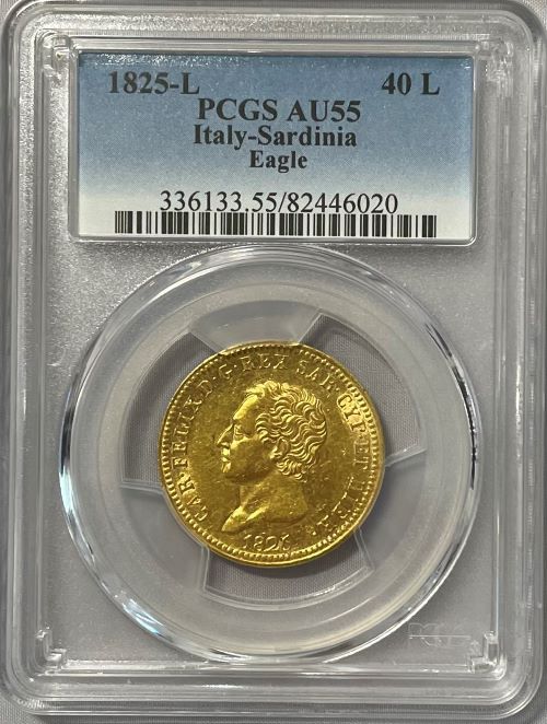 【レア度1-R1】イタリア サルディーニャ王国 1825-L年 カルロ・フェリーチェ 40リラ金貨 PCGS-AU55