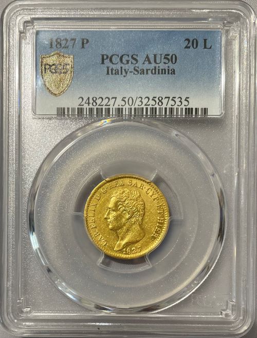 【レア度3-R3】イタリア サルディーニャ王国 1827-P年 カルロ・フェリーチェ 20リラ金貨 PCGS-AU50