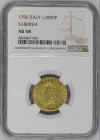 【レア度2-R2】イタリア サルデーニャ王国 1756年 カルロ・エマヌエーレ3世 1/2ドッピア金貨 NGC-AU58