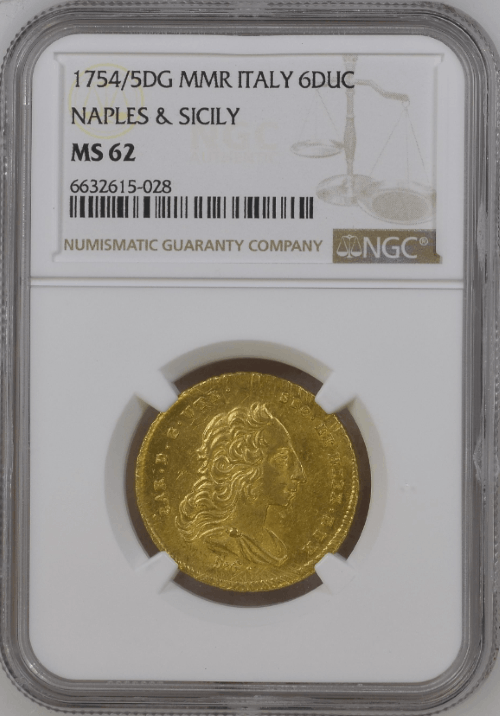 【レア度2-R2】イタリア 1754/5年 カルロス3世 6ドゥカティ金貨 NGC-MS62